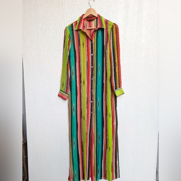 Lenny Niemeyer Side Slit Aztec Tribal Striped Sheer Button Cover Up Dress Sz 38 - Picture 1 of 7